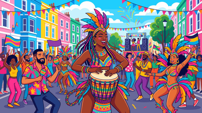 Carnival celebration with vibrant dancers, drummers, and festive street scene