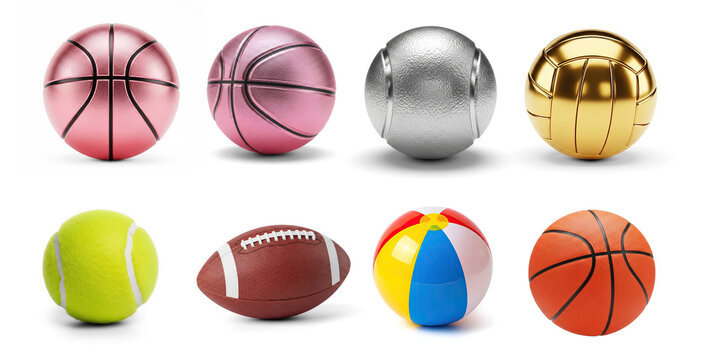 A collection of various sports balls include a pink basketball, another pink basketball, a silver volleyball, a gold volleyball, a yellow tennis ball, a brown football, a blue and yellow beach ball