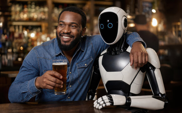 African American man drinking a beer in a bar with his hand over the shoulder of his robot friend