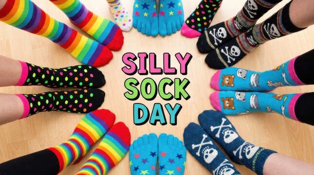 Colorful patterned socks arranged in a circle with text reading silly sock day footwear hosiery striped dotted argyle novelty fun playful casual textile