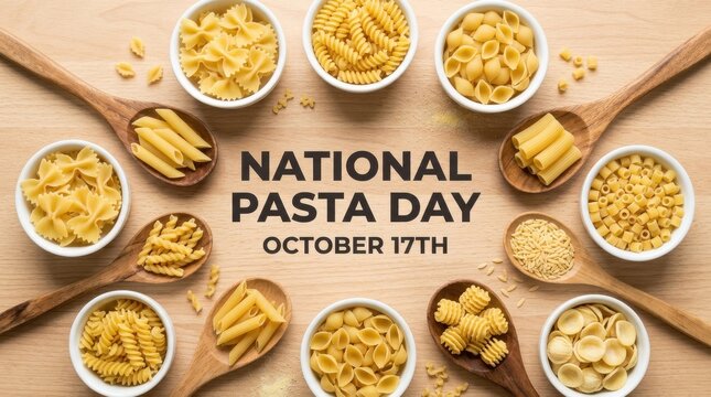 Assortment of dry pasta shapes on wooden spoons a flat lay composition macaroni spaghetti penne fusilli rotini farfalle conchiglie ditalini orzo elbow shell