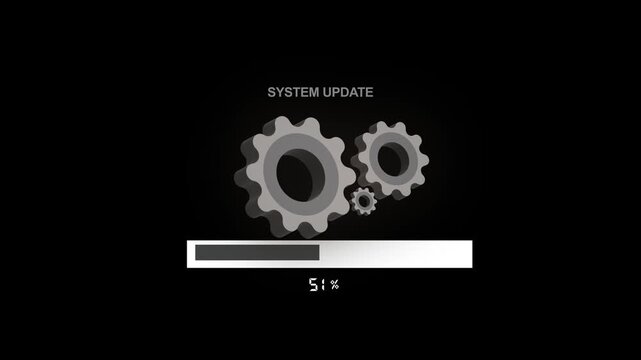 System update progress bar animation tracks rotating percentage cogwheels. Update progress bar interface features clean technology system logs. Progress bar animation is neat.