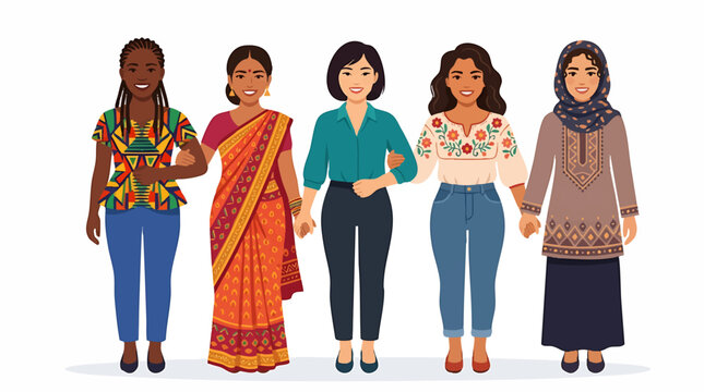 Diverse women standing together arm in arm celebrating unity and equality in a flat vector illustration style