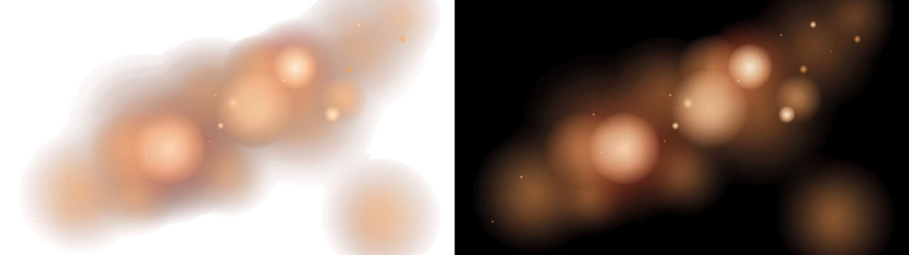 Golden bokeh trail with glowing particles and orbs, on transparent background