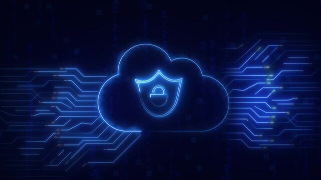 Cloud security protection animation displays blue neon padlocks. Security protection cloud database highlights encrypted safe cloud storage. Cloud loop is clean.