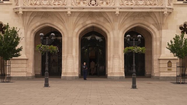 Neo Gothic arcaded gateway Budapest Hungary overcast summer day