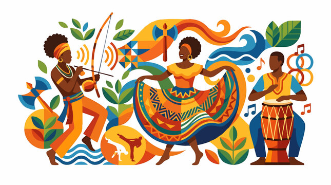 Brazilian Capoeira Dance and Music Celebration with Vibrant Colors and Traditional Instruments