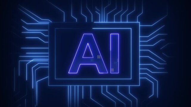 Artificial intelligence logo animation displays glowing neon AI text. Intelligence logo circuit board graphics highlight modern machine learning. Logo loop is neat.