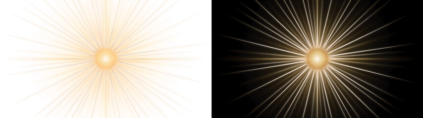 Obraz premium Golden radial sunburst with long luminous rays, on transparent background