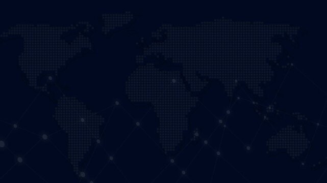 Global connection world map animation displays connected network node lines. Connection world map global network highlights international proxy lines. World map loop is clean.
