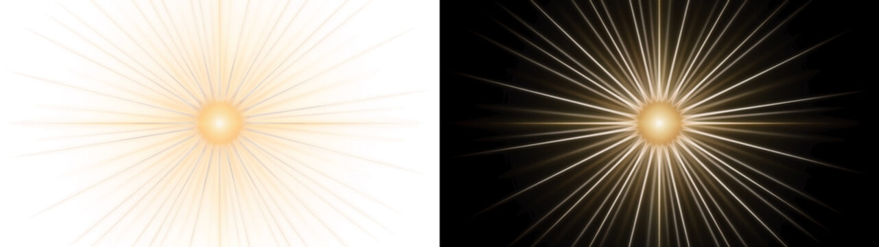Golden radial sunburst with long luminous rays, on transparent background