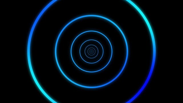 Abstract vortex tunnel animation displays cyan blue concentric ring circles. Vortex tunnel neon frame effect creates high speed spatial motion. Abstract animation is neat.