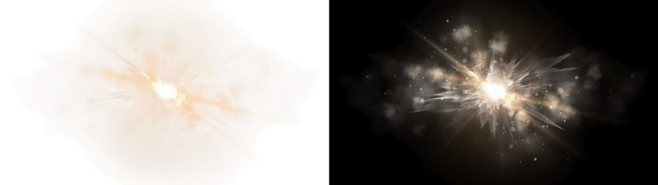 Asymmetrical golden light burst with drifting particles, on transparent background