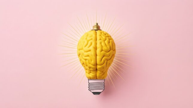 A yellow light bulb shaped like a human brain on a soft pink background representing creative thinking and awareness for world mental health day concepts