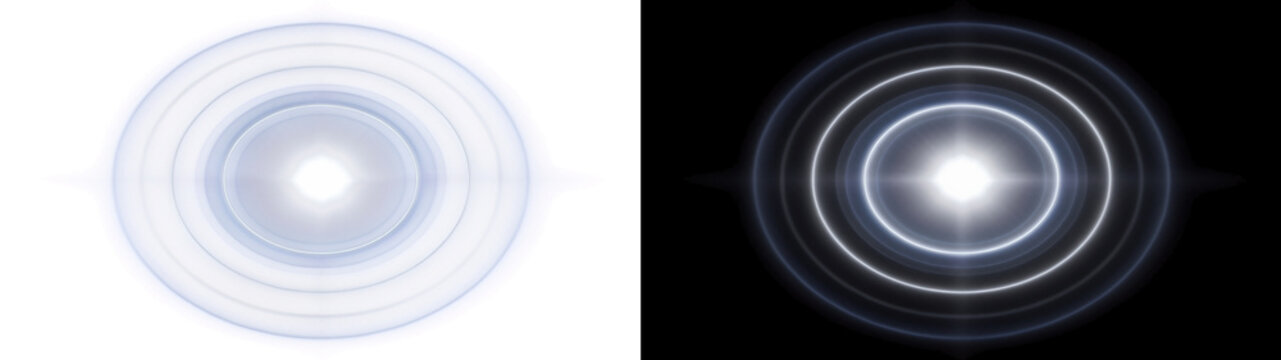 Blue concentric light rings with luminous central flare, on transparent background