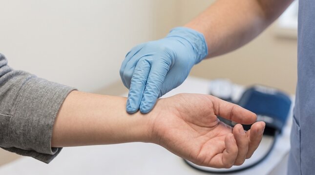 Health professional measuring radial pulse on patient's wrist indoors  