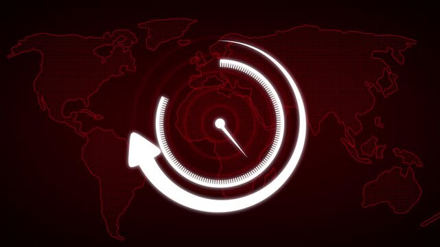 Clock timer time indicator animation displays rotating arrow map overlays. Timer time clock indicator marks global international time zones. Clock timer animation is sleek.