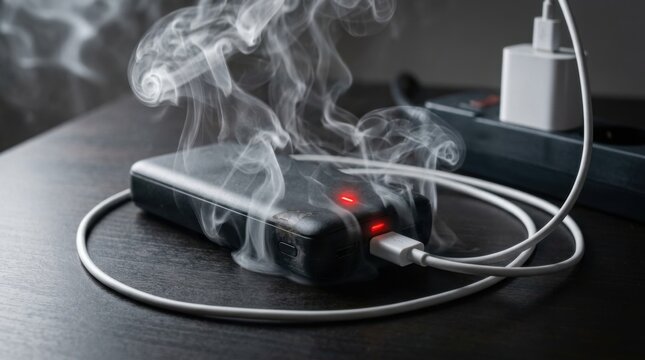 Dangerous overheating power bank smoking on a dark table surface.