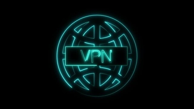 Virtual private network VPN globe icon animation glows on black fields. Private network VPN globe symbol highlights secure proxy connections. VPN globe animation is sleek.