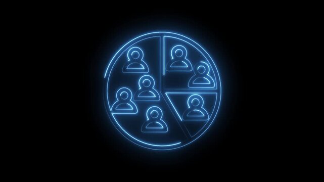 Neon blue glowing pie chart divided into segments with simplified human figures representing... icon
