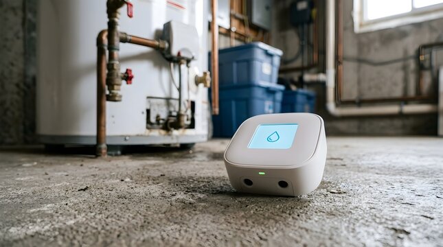 Smart home water leak detector sensor on concrete basement floor near water heater for protection