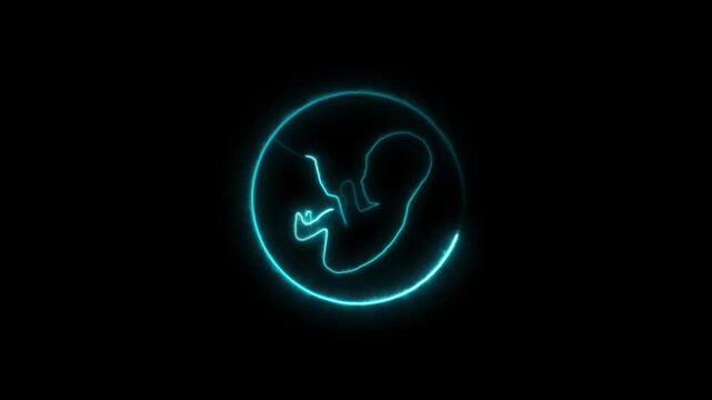 Baby unborn fetus icon animation displays cyan neon circles on dark. Unborn fetus baby medical graphic features circular healthcare framing. Fetus icon loop is clean.