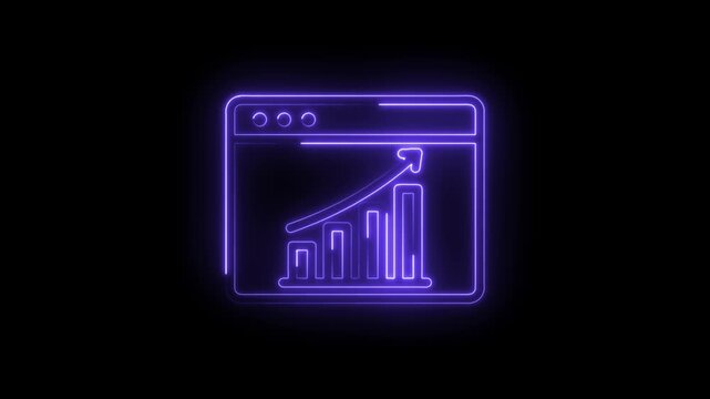 Neon glowing graph with rising arrow inside browser window interface on icon black background