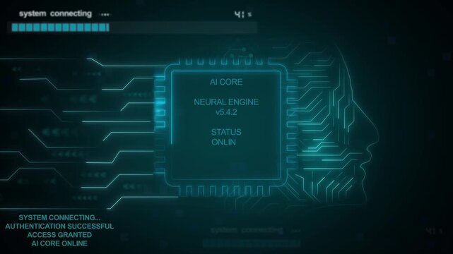 Artificial intelligence core animation displays CPU load memory data. Intelligence core AI processor layout features human head outlines. AI core animation sequence is sleek.