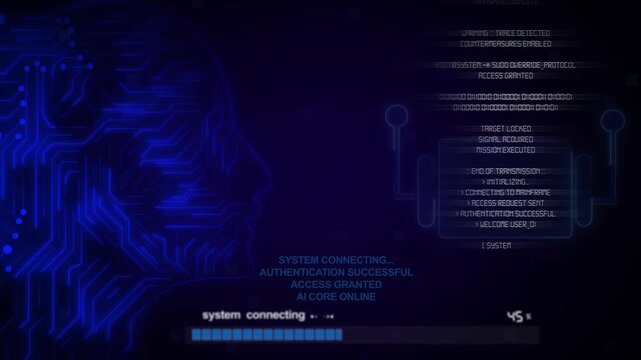 Artificial intelligence technology system animation displays bars. Intelligence technology system log tracks electronic server updates. AI system sequence is neat.