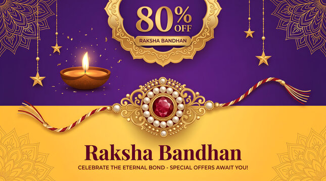 Raksha Bandhan sale banner vector with decorative pearl and ruby rakhi thread, lit diya, golden stars, and traditional designs on a purple and yellow background.