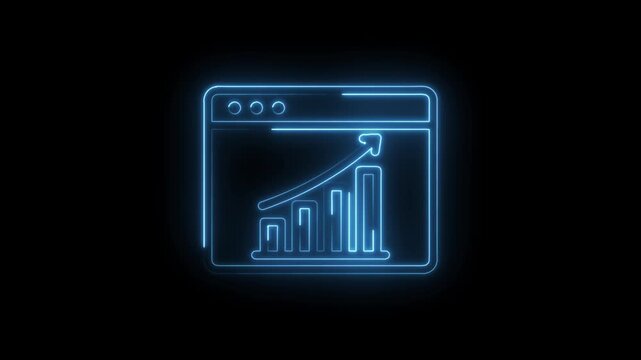 Neon blue glowing graph icon with upward arrow inside a browser window outline on black