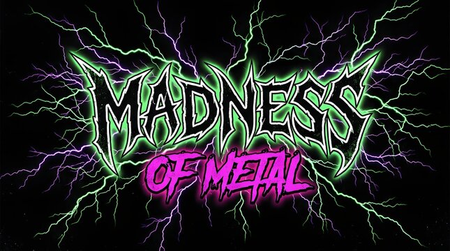 Heavy metal music poster design with aggressive green and purple lightning effects on a dark black background