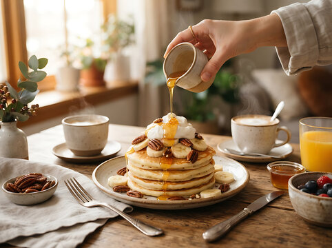 A hand pouring maple syrup over a stack of delicious homemade pancakes with bananas and pecans.
