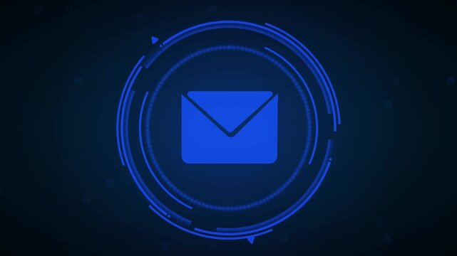 Email message digital envelope animation displays HUD interfaces. Digital envelope email communication icon features blue neon borders. Envelope sequence is neat.