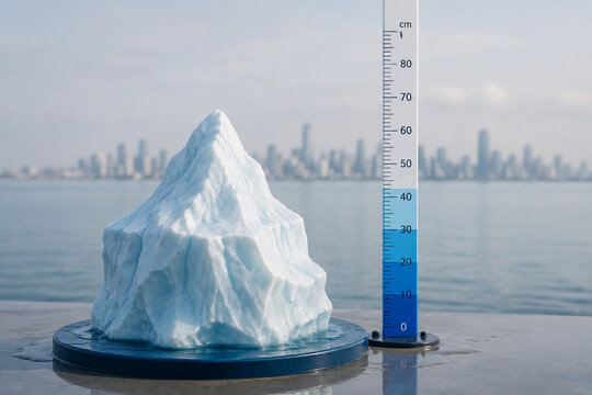 Melting iceberg model with water measuring pole, sea level rise and climate awareness concept.