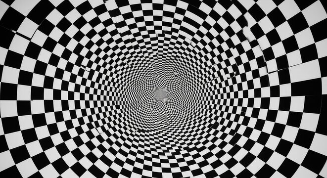 A mesmerizing hypnotic tunnel features a spiraling black and white checkered pattern that creates a deep sense of motion and perspective, geometric, twist, motion