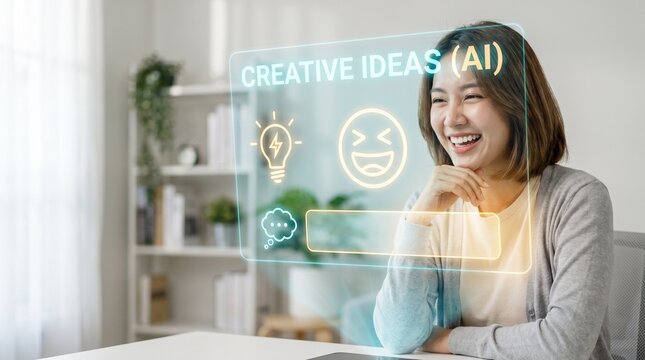 Premium Thai Korean Creator Amused by AI Generated Funny Content Ideas Hologram Copyspace