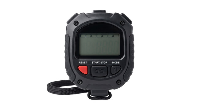Digital sports stopwatch with black plastic casing, handheld electronic timer for athletics and fitness, professional chronometer on white background