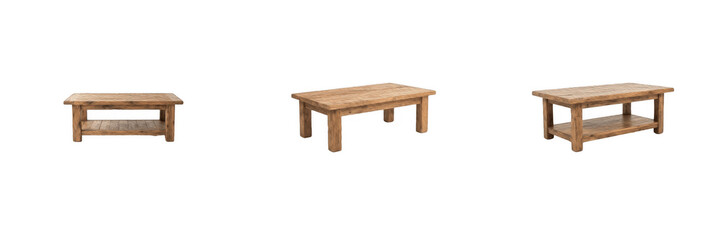Fototapeta premium Rustic wooden coffee table set isolated transparent background, solid oak timber tea table 3D render collection, low natural wood living room furniture vector PNG asset for home interior decor and cat