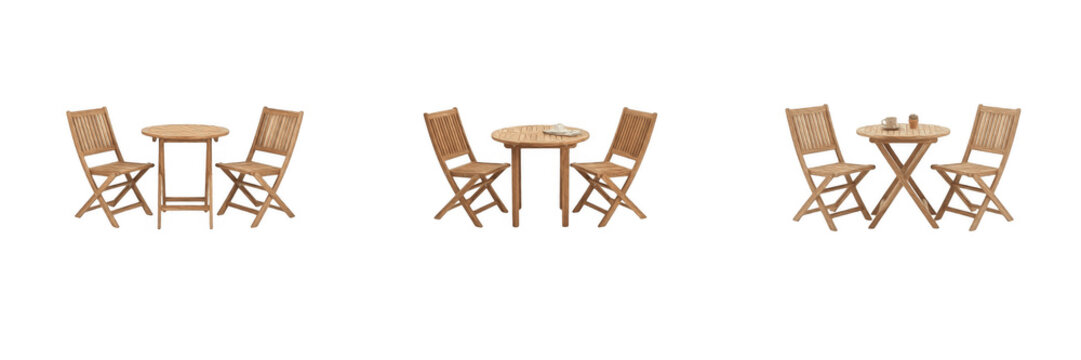 Wooden bistro patio set isolated transparent background, folding outdoor dining table and chairs 3D render collection, natural teak balcony furniture vector PNG asset for garden catalog layout and ext
