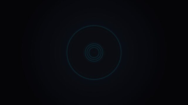 Minimalist futuristic blue glowing concentric circles pulsing and expanding on a pitch black background, center shot HUD tech interface ripple loop creating modern sleek digital background.
