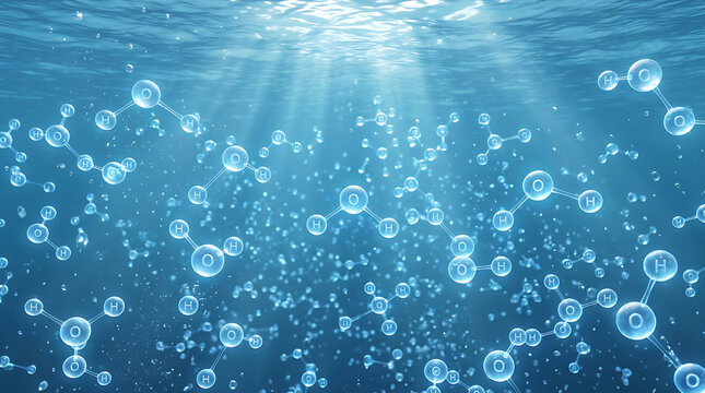 Abstract blue water background with floating oxygen molecules and sparkling bubbles rising to the bright surface
