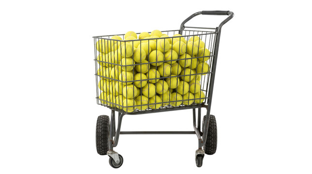 Tennis ball hopper cart filled with yellow balls, professional metal sports equipment trolley, athletic training gear on white background