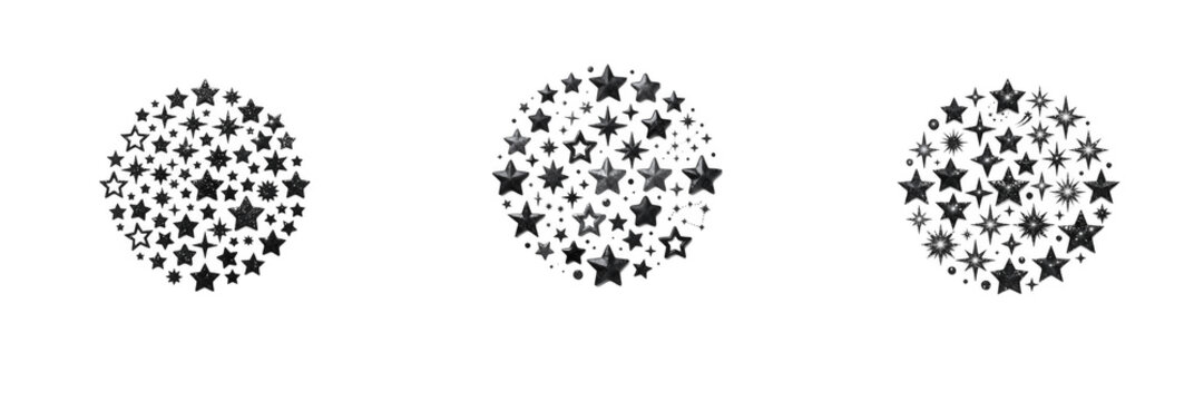 Set of three circular star clusters, black and white starburst badges, isolated abstract celestial spheres with solid and outlined stars, vector stipple dot design for festive holiday decor, logos, or