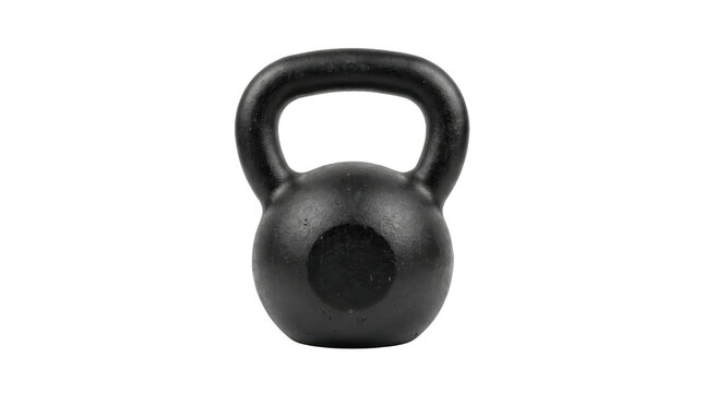 Black cast iron kettlebell on white background, heavy gym weight for strength training, professional fitness equipment for bodybuilding and crossfit