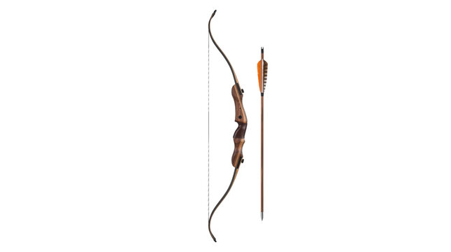 Traditional wooden recurve bow with fletched arrow, classic archery equipment on white background, handcrafted longbow for hunting and sport