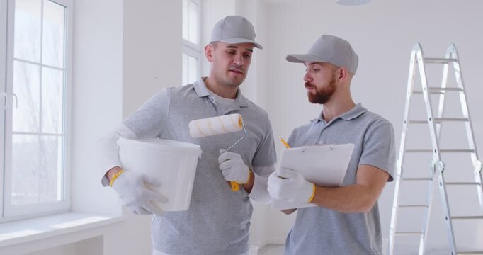 House painter and decorator professional service team, male workers planning preparation, wearing uniform, wall surface repairs, painting, interior decor, repairing or replacing damaged drywall