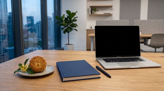 A traditional Chinese mooncake on a ceramic plate next to a closed notebook, pen, and laptop on a wooden desk in a modern office