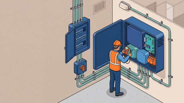 Technician testing a commercial solar inverter in an electrical room