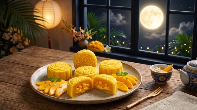Yellow mango mooncakes with mango slices on a plate beside tea, set against a cozy room window with a full moon view outside